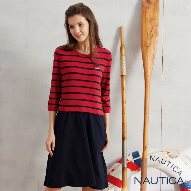 NAUTICA【NAUTICA】女裝圓領異材質拼接七分袖洋裝(紅色)