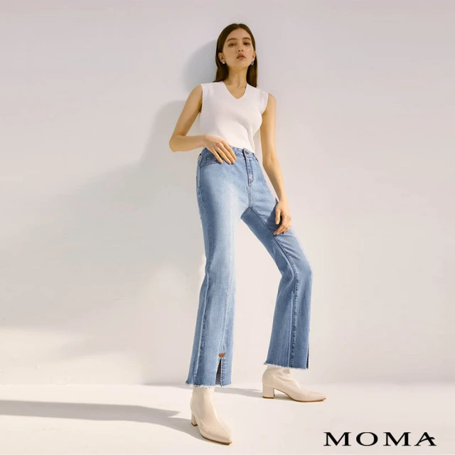 【MOMA】自然刷色小喇叭前開叉牛仔褲(藍色)