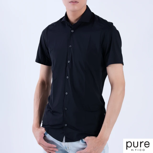 【PURE H.TICO】德國原裝進口 男款 商務休閒 機能性素面短袖襯衫(黑色)