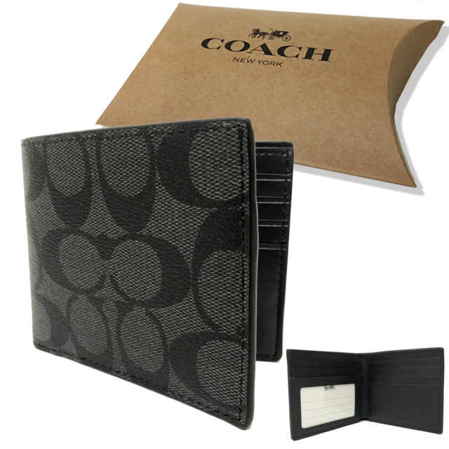 COACH【COACH】C LOGO 6卡證件男款輕便短夾禮盒(黑灰)