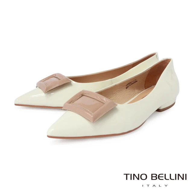 【TINO BELLINI 貝里尼】Tino Bellini優雅方飾光澤質感牛漆皮尖頭平底鞋FSBV0007(米)