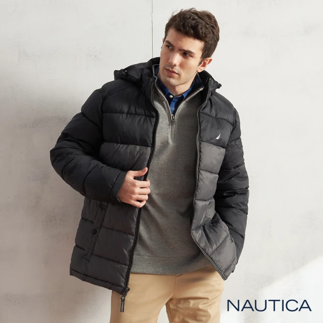 NAUTICA【NAUTICA】男裝撞色拼接防潑水連帽外套(黑色)