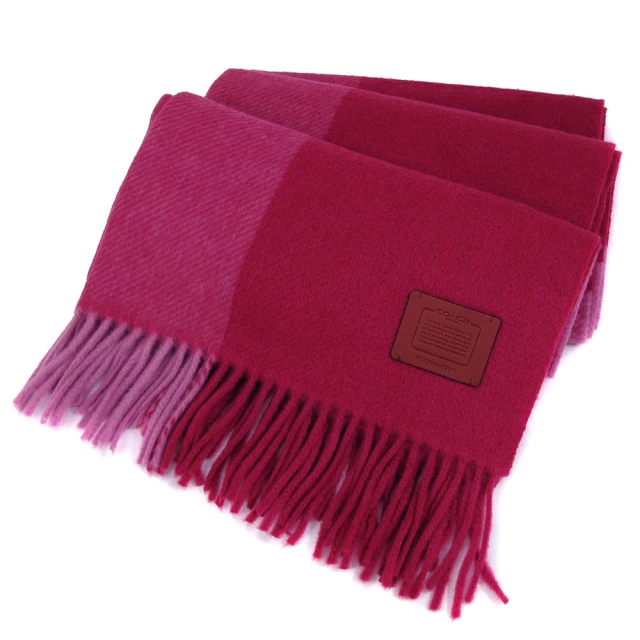 【COACH】紅雙色格紋羊毛寬版流蘇圍巾(183cm x61 cm)