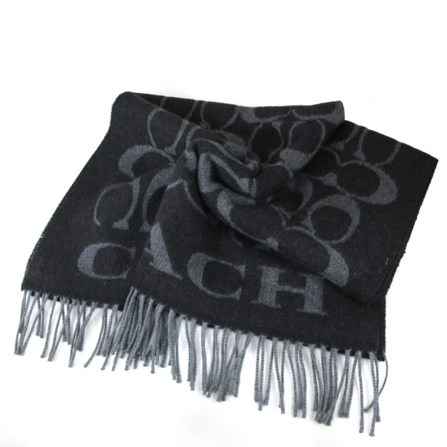 【COACH】黑灰雙面LOGO羊毛圍巾(195cm x 53cm)