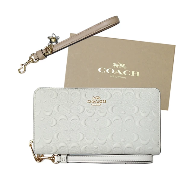 【COACH】限定設計香草白浮雕c logo雙提帶手拿式中長夾禮盒組(C7220 IMCHK)