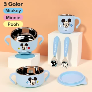 【優貝選】迪士尼 兒童餐具六件套組-不鏽鋼密封餐碗 不鏽鋼水杯 不鏽鋼叉匙(平輸品)