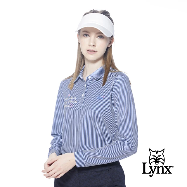 【Lynx Golf】女款吸汗速乾抗UV經典條紋花色長袖POLO衫/高爾夫球衫(深藍色)