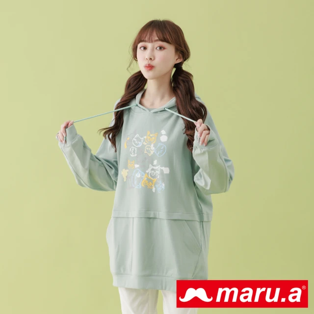 【maru.a】設計感拼接剪裁印花連帽上衣(灰綠)