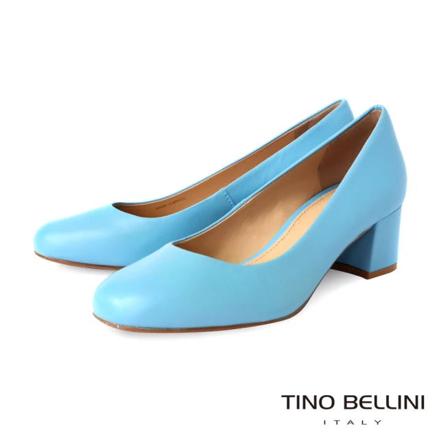 【TINO BELLINI 貝里尼】巴西進口復古女伶圓頭5CM粗跟鞋FSDT0004(淺藍)