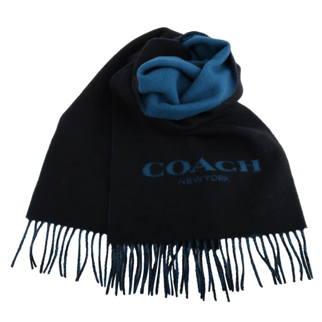 COACH【COACH】壓印字母LOGO 羊毛流蘇圍巾(藍X海軍藍)