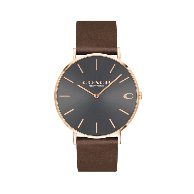 COACH【COACH】經典大錶面灰面咖啡皮帶腕錶41mm(14602549)