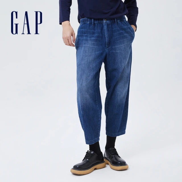 【GAP】男裝 水洗靛藍錐形寬鬆牛仔九分褲(808337-中度靛藍)