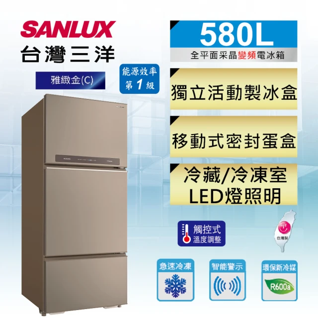 【SANLUX 台灣三洋】◆580公升一級能效變頻三門冰箱(SR-C580CV1A)