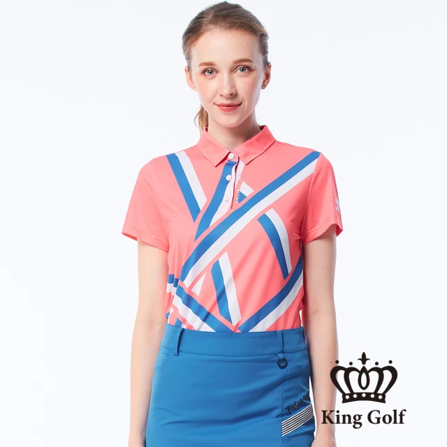 KING GOLF【KING GOLF】網路獨賣款-女款撞色賽車條紋印圖刺繡短袖POLO衫(桃紅)