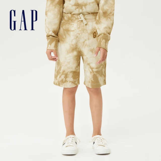 【GAP】男童 Logo紮染直筒鬆緊腰身休閒短褲(845095-卡其紮染)