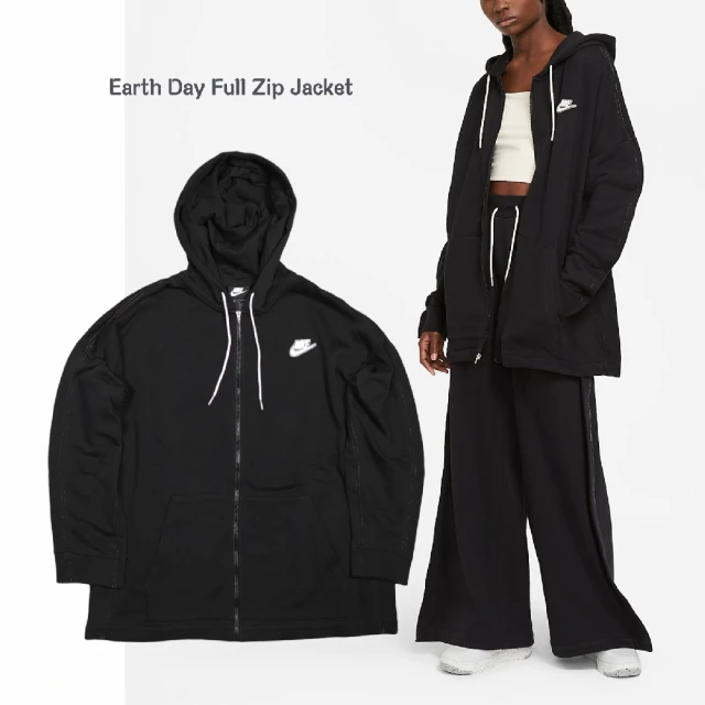 NIKE 耐吉【NIKE 耐吉】長袖外套 Earth Day Full Zip 女款 黑 長版 連帽 彩色縫線(CZ8360-010)