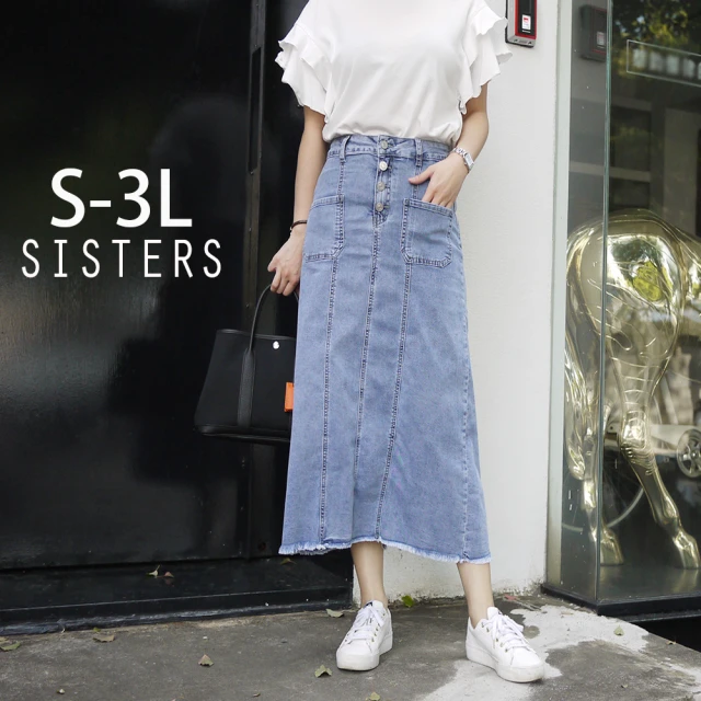 SISTERS【SISTERS】自信俐落的的水洗刷痕顯瘦牛仔裙 長裙/S-3L(牛仔裙/裙子/彈力/顯瘦/長裙/丹寧)