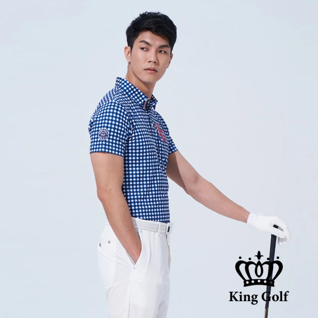 【KING GOLF】網路獨賣款-男款格紋印圖KG刺繡開襟POLO衫/高爾夫球(藍色)