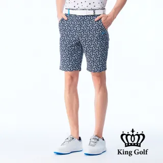 【KING GOLF】網路獨賣款-男款V字三角幾何印圖修身彈性高爾夫球短褲(藍色)