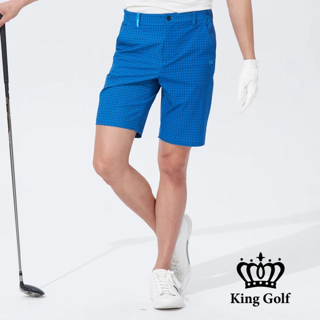 KING GOLF【KING GOLF】網路獨賣款-男款虛線格紋印圖修身彈性高爾夫球短褲(藍色)