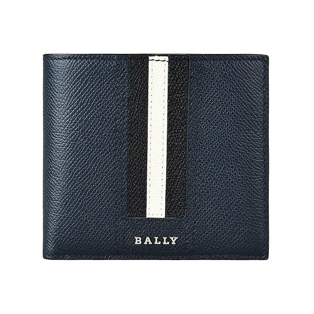 【BALLY】BALLY  Teisel銀字LOGO防刮牛皮黑白條紋設計4卡對折男士短夾(新藍)