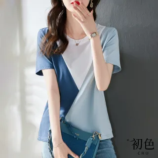 【初色】簡約撞色拼接短袖T恤-藍色-60899(M-2XL可選)