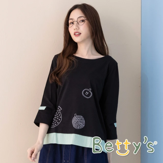 【betty’s 貝蒂思】圓領繡線拼接七分袖T-shirt(黑色)