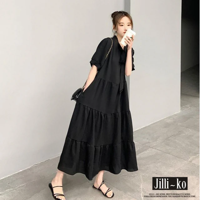 【JILLI-KO】夏季新款蝴蝶結連衣裙寬鬆顯瘦中長蛋糕裙-M/L(黑)