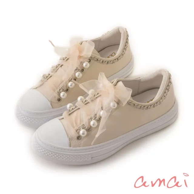 【amai】鍊條緞帶珍珠造型休閒鞋 GC08BE(杏色)