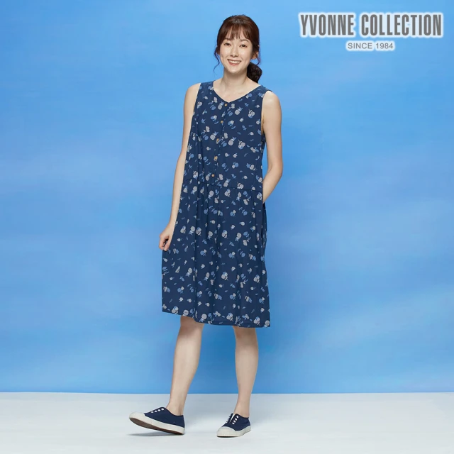 Yvonne Collection【Yvonne Collection】剪影花半開襟無袖洋裝(丈青藍)