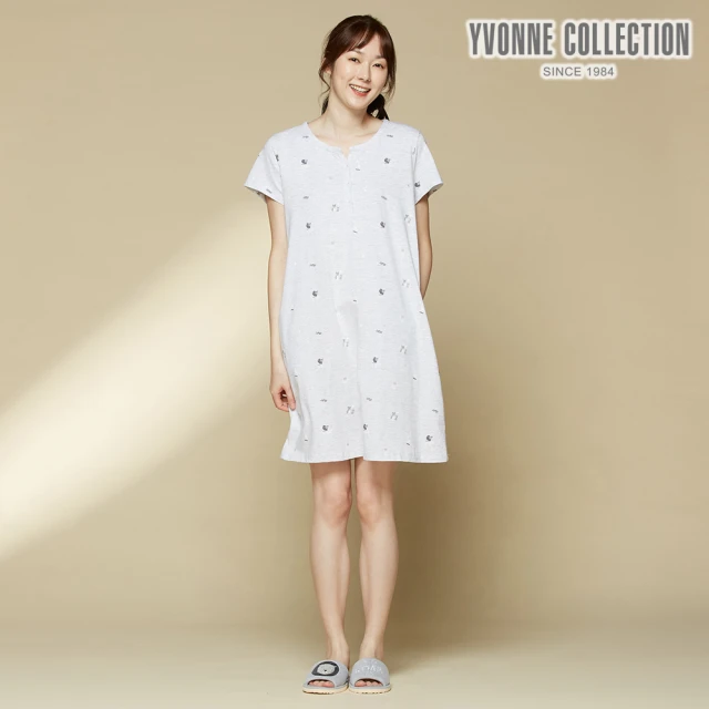 【Yvonne Collection】獅子印花短袖洋裝(銀白灰)