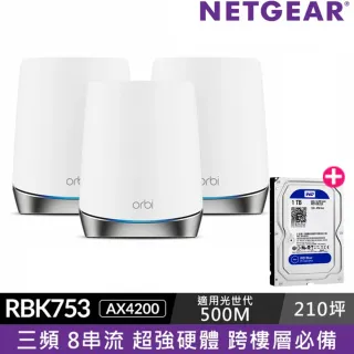 【1TB桌上型硬碟組】NETGEAR Orbi AX4200 三頻 WiFi 6 Mesh 延伸系統RBK753路由器+WD 1TB硬碟