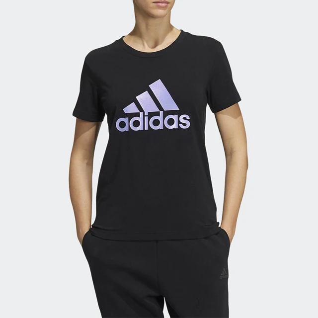 adidas 愛迪達【adidas 愛迪達】上衣 女款 運動 訓練 慢跑 短袖上衣 亞規 黑紫 HE9982