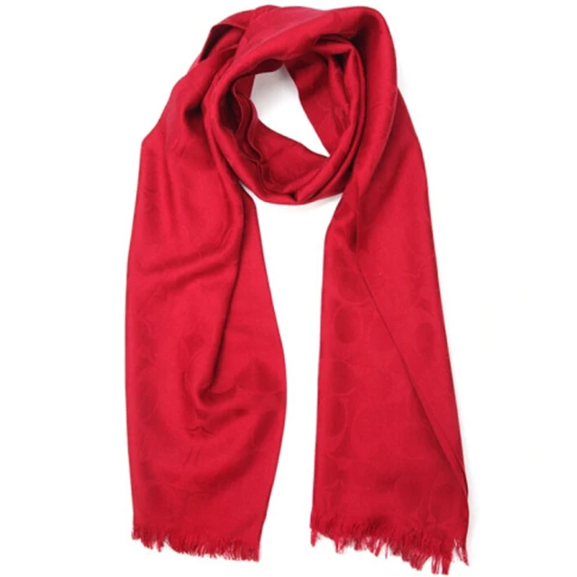 【COACH】紅色滿版LOGO羊毛混桑蠶絲流蘇圍巾披巾