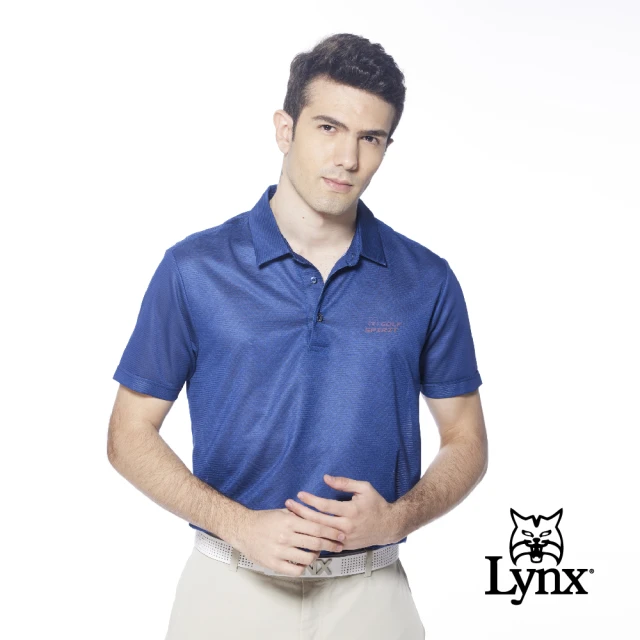 【Lynx Golf】男款吸溼排汗透氣織帶設計變色膠印短袖POLO衫/高爾夫球衫(藍色)