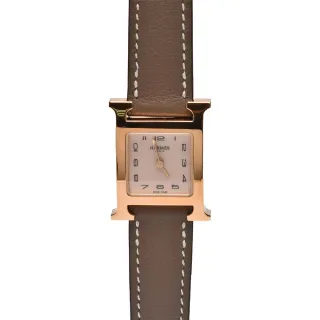 【Hermes 愛馬仕】H PM系列H LOGO小牛皮金框石英女仕腕錶(錫灰色W101672WW)