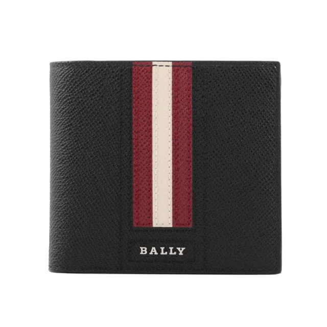 【BALLY】Trasai 防刮牛皮紅白條紋對開8卡短夾(黑色)