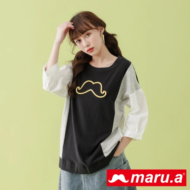 maru.a【maru.a】立體LOGO刺繡拼接前短後長上衣(黑色)