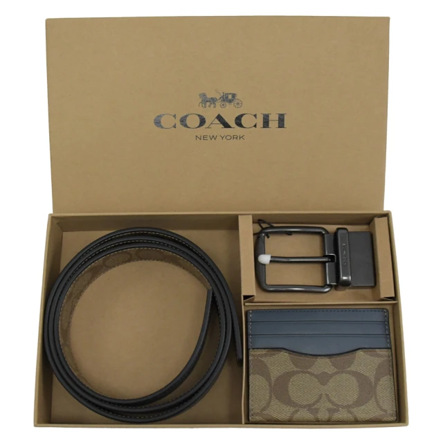 COACH【COACH】經典雙面雙材質皮帶信用卡名片隨身卡2組禮盒組(駝/深藍)
