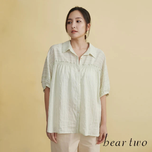 bear two【bear two】橫條紋抓皺開襟襯衫(兩色)