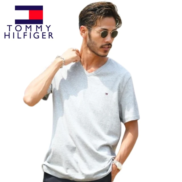 【Tommy Hilfiger】Tommy Hilfiger V領素T 短袖上衣 休閒 電繡LOGO T 男生上衣(TOMMY)