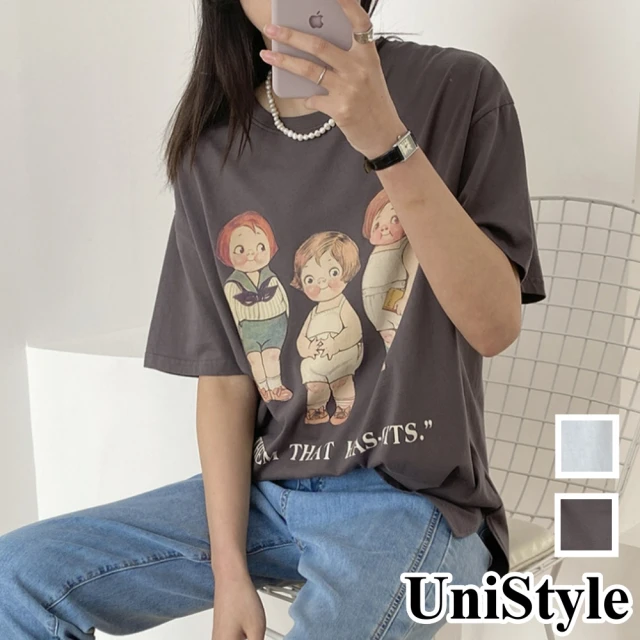 【UniStyle】韓版復古俏皮娃娃印花短袖T 女 UP9753(白 深灰)