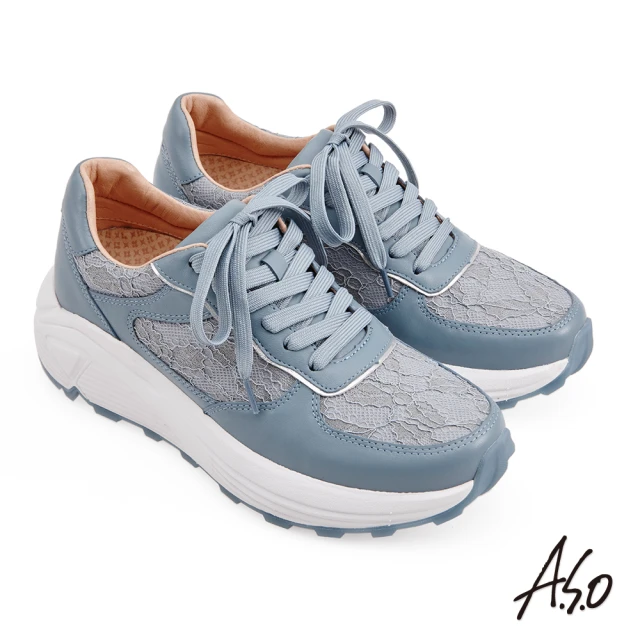 【A.S.O 阿瘦集團】A.S.O 頂級氣墊減壓系列牛皮拼接蕾絲休閒鞋(淺藍)