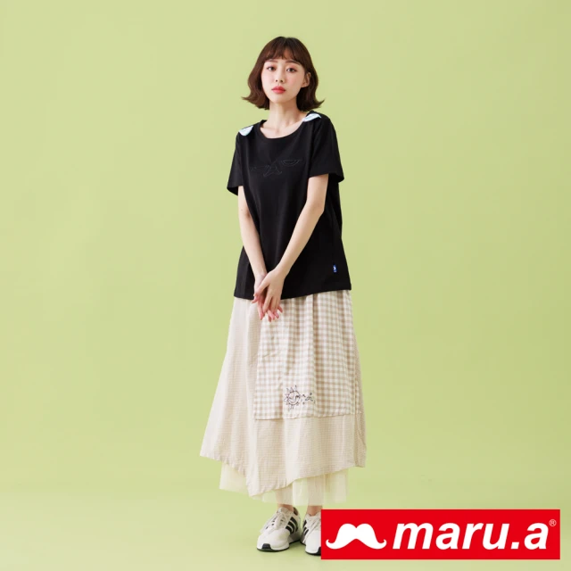 maru.a【maru.a】日月刺繡網格拼接紗裙(卡其)