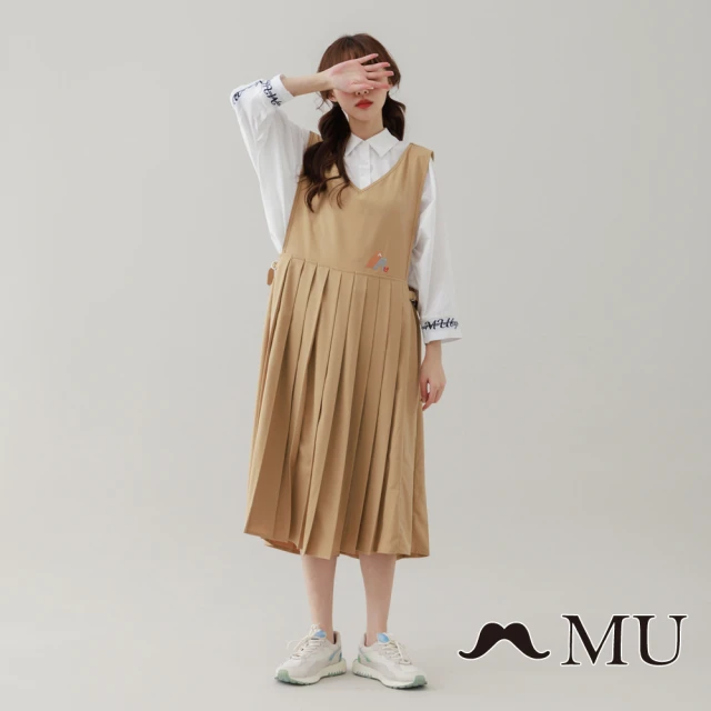 【maru.a】MU 手繪圖案刺繡日系感百褶無袖洋裝(卡其)