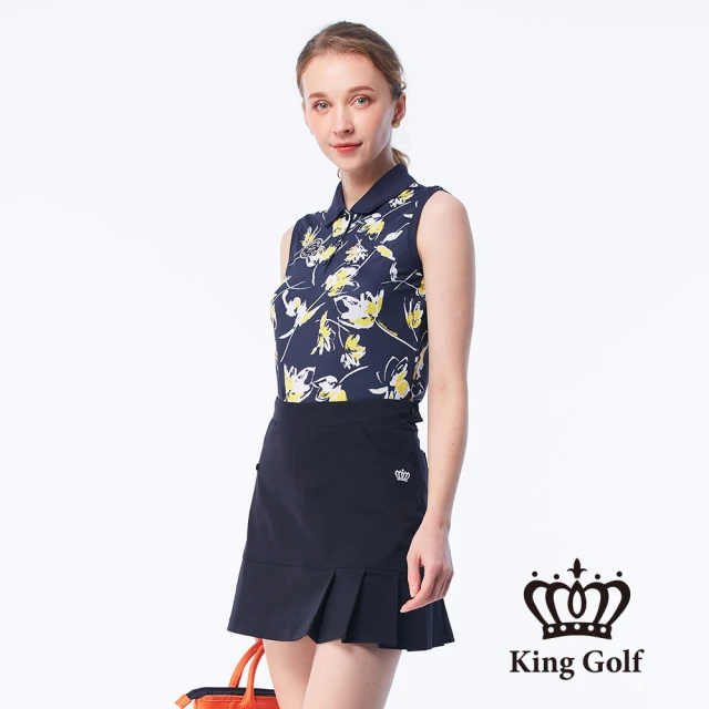 【KING GOLF】女款花朵剪影印花刺繡背心POLO衫/高爾夫球衫(深藍)