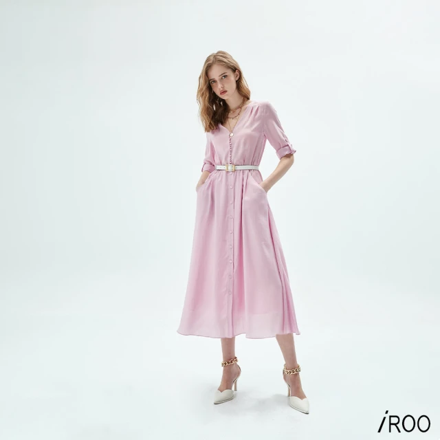 iROO【iROO】粉紫排釦棉感長洋裝