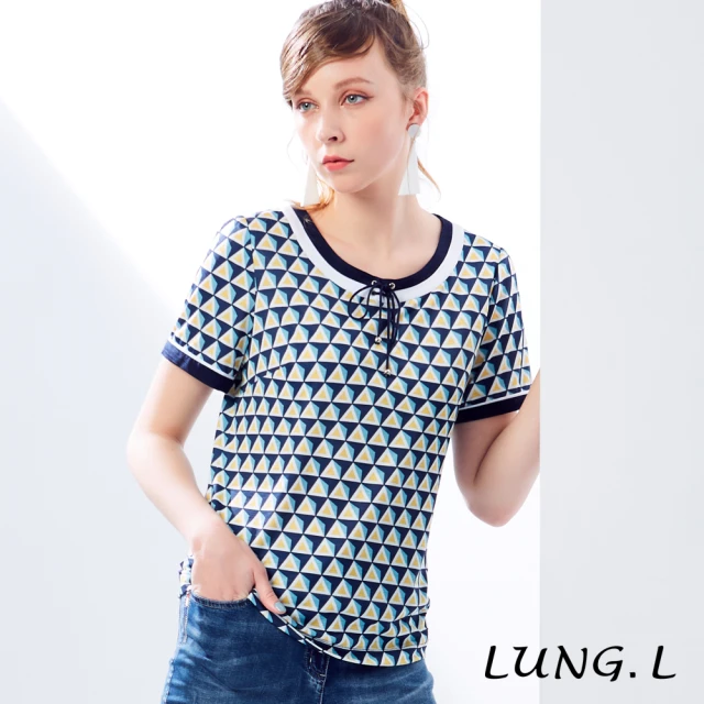 LUNG.L 林佳樺【LUNG.L 林佳樺】LK80A#藍色圓領綁結三角幾何印花短袖女裝上衣(女裝)