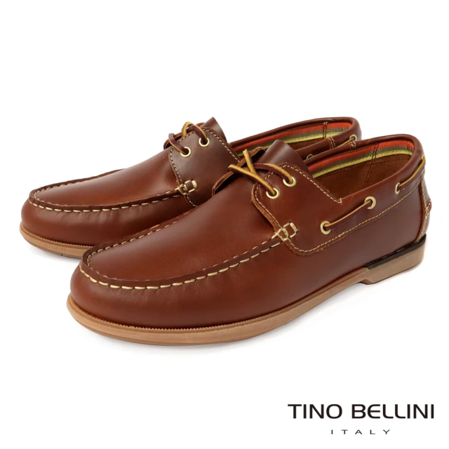 【TINO BELLINI 貝里尼】男款 葡萄牙進口撞色縫線牛皮休閒帆船鞋HM4O0016(棕)