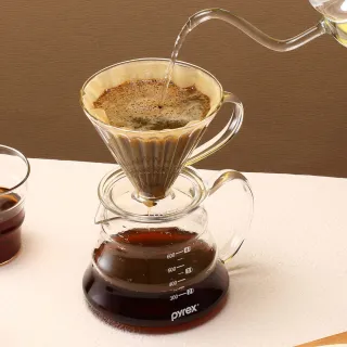【CorelleBrands 康寧餐具】Pyrex Cafe 咖啡玻璃壺700ML+玻璃濾杯(超值組)